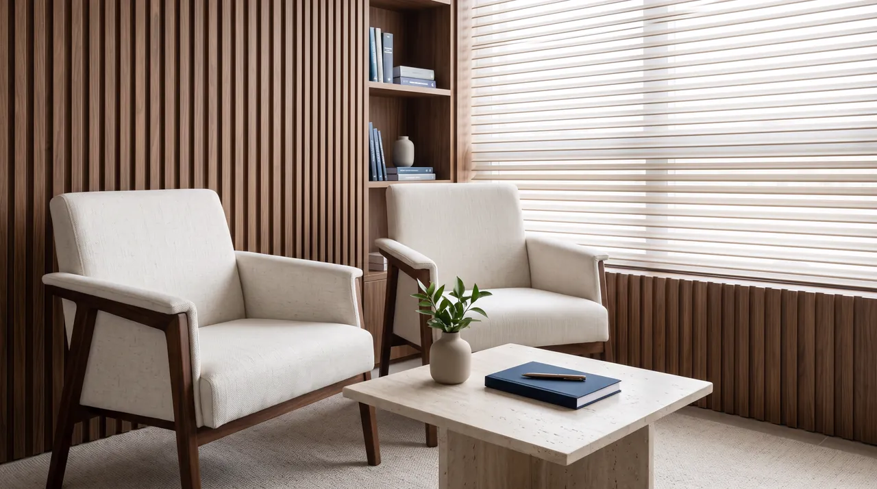 Sala de atendimento reservada e acolhedora com poltronas em linho claro e luz natural filtrada