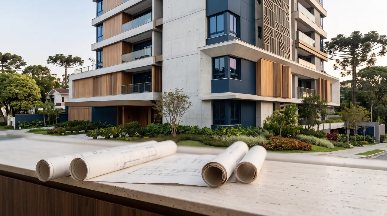 Empreendimento imobiliário contemporâneo em Curitiba com plantas arquitetônicas sobre pedra travertino