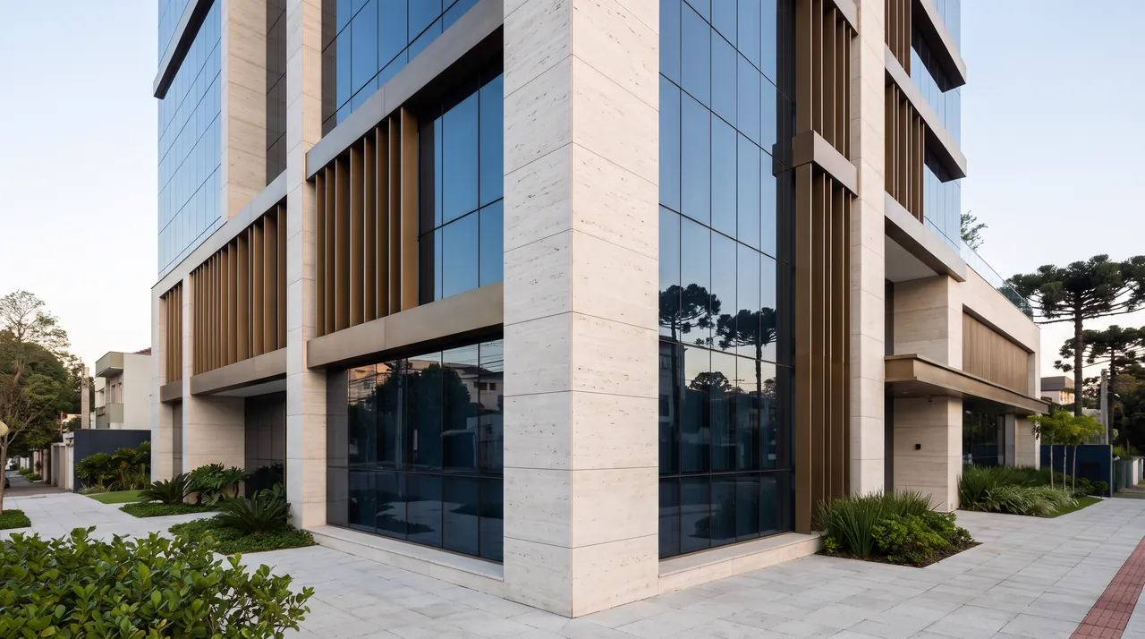 Edifício empresarial contemporâneo em Curitiba em pedra travertino, vidro azul-ardósia e brises metálicos em bronze