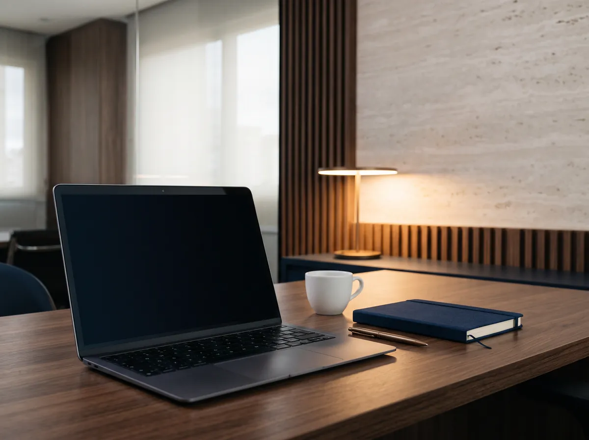 Ambiente reservado de consulta jurídica presencial e por videoconferência com notebook e caderno em linho azul-marinho