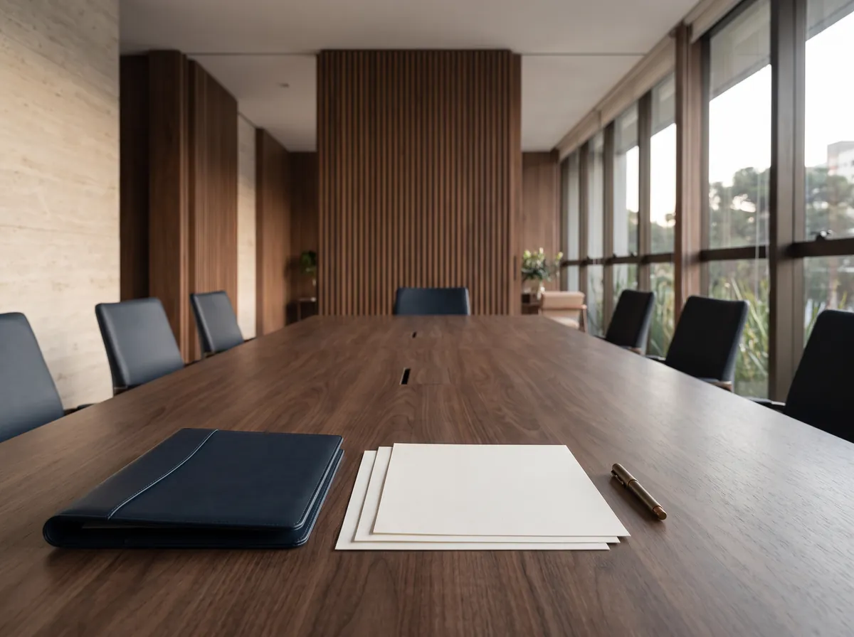 Sala de reunião executiva contemporânea da DGH Advocacia em Curitiba com pasta em couro azul-marinho, papel algodão e luz natural