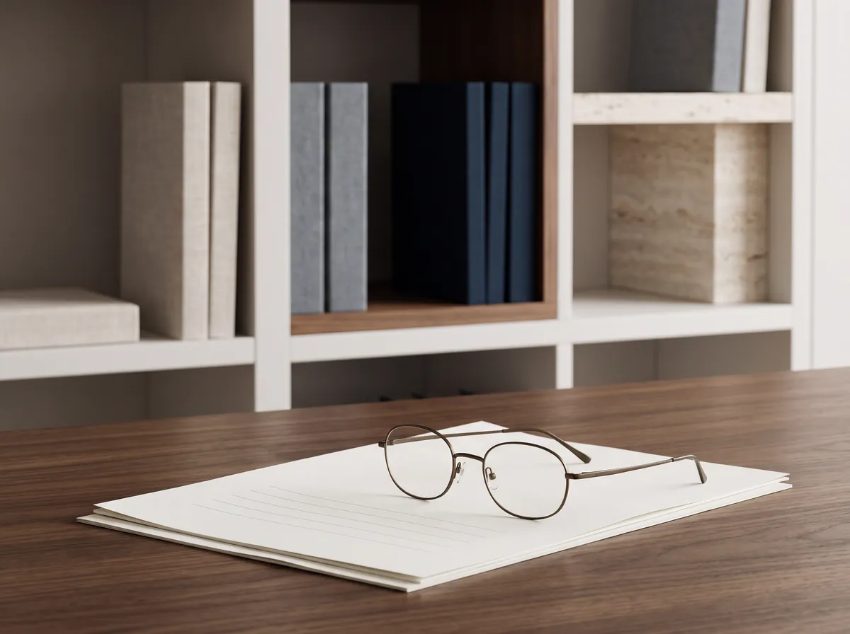 Detalhe editorial de análise contratual sobre mesa jurídica com óculos metálicos e livros encadernados ao fundo
